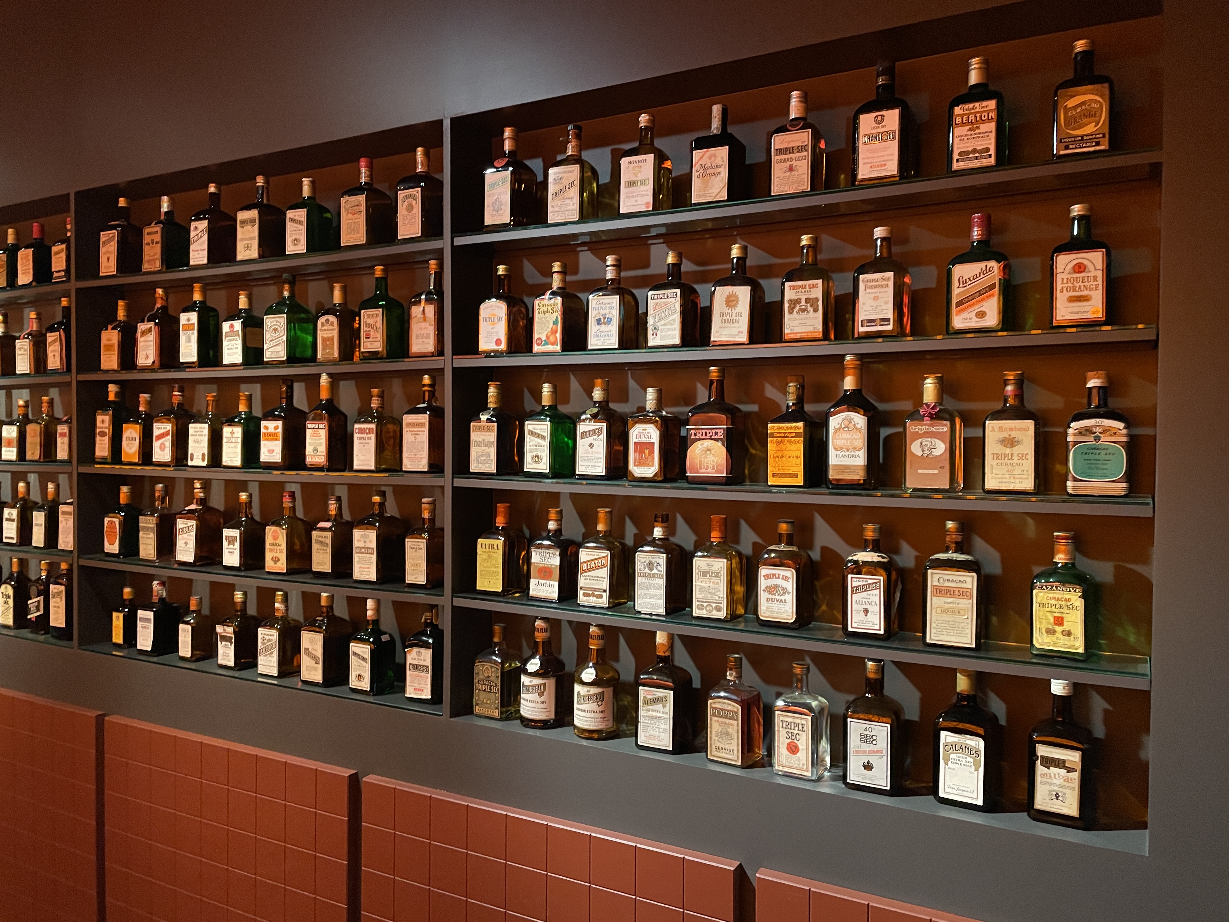 Mur de bouteilles de liqueurs anciennes dans un décor chaleureux, hommage au patrimoine des spiritueux.